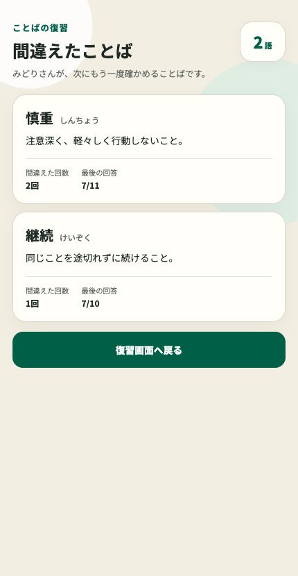 語彙アプリの間違えたことば一覧の例。言葉の意味、間違えた回数、最後に回答した日が表示されています。