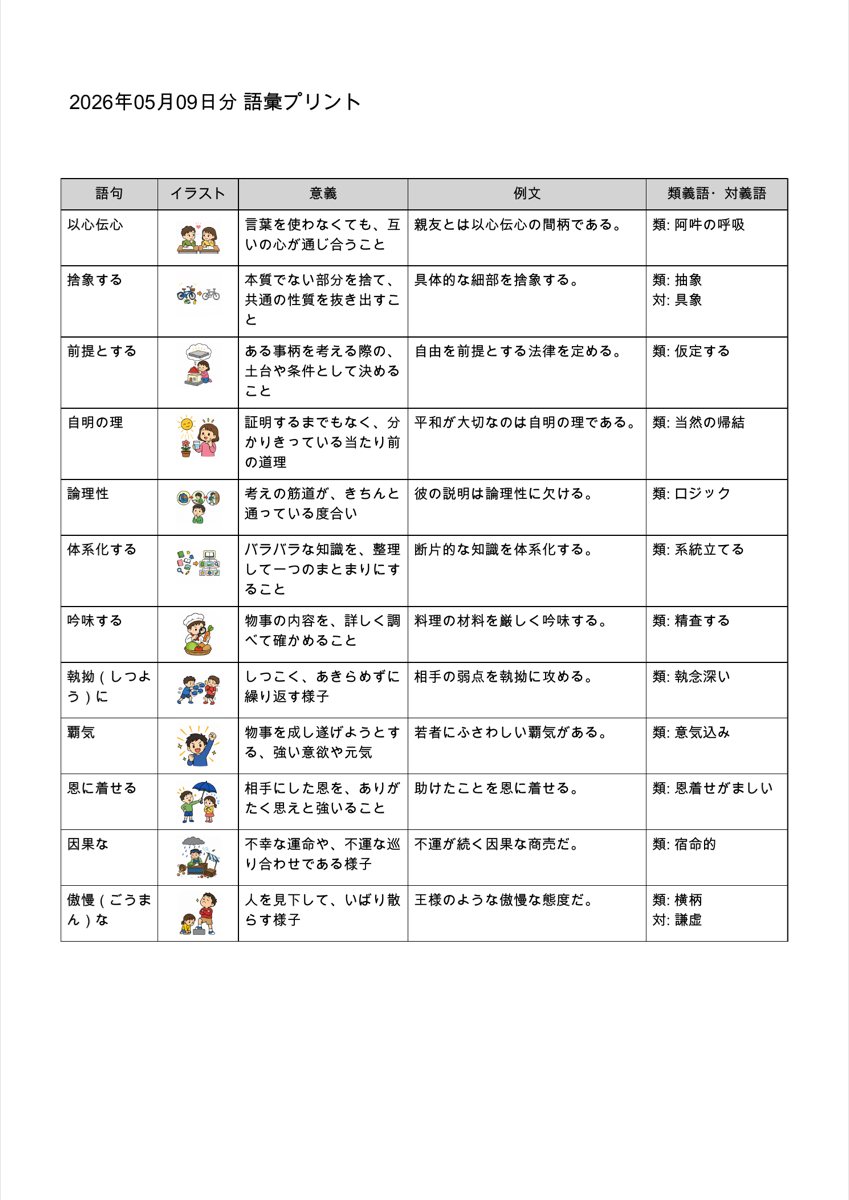 語彙プリント1ページ目。語句・イラスト・意義・例文・類義語／対義語が一覧表になっており、以心伝心・捨象する・前提とする・自明の理・論理性・体系化する・吟味する・執拗に・覇気・恩に着せる・因果な・傲慢な、の12語が並んでいる。