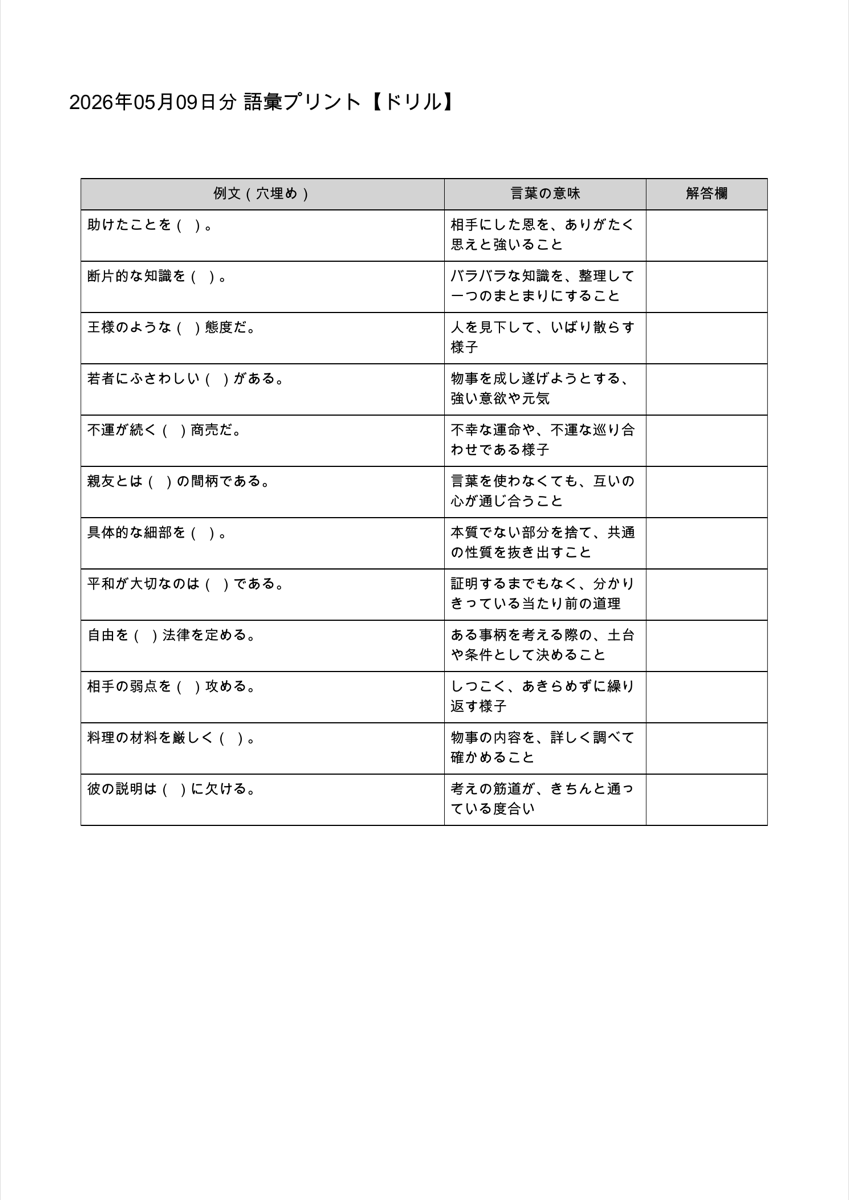 語彙プリント2ページ目のドリル。例文中の語句を穴埋めする問題が12問並び、例として「相手の弱点を（　）攻める。」「料理の材料を厳しく（　）。」「親友とは（　）の間柄である。」などが出題されている。