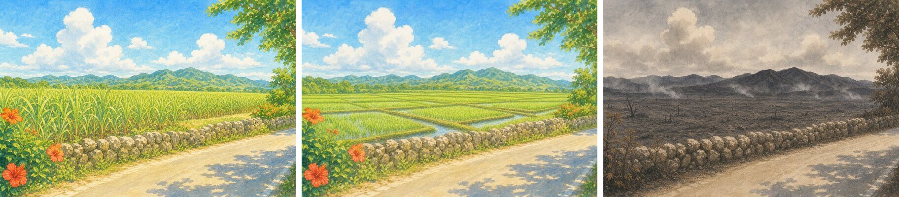 サトウキビ畑の景色が、かつての水田の景色、そして戦場の景色へと移り変わる三枚のイラスト